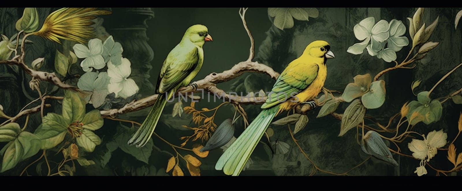 bird flower art leaf tropical exotic palm jungle nature wallpaper. Generative AI. by Vichizh
