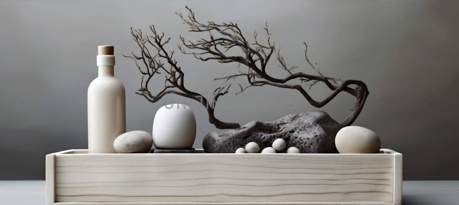 exhibition closeup presentation bottle branch tree cosmetic display minimalism rock template beauty trendy tree layout natural art sale white background product nature. Generative AI.