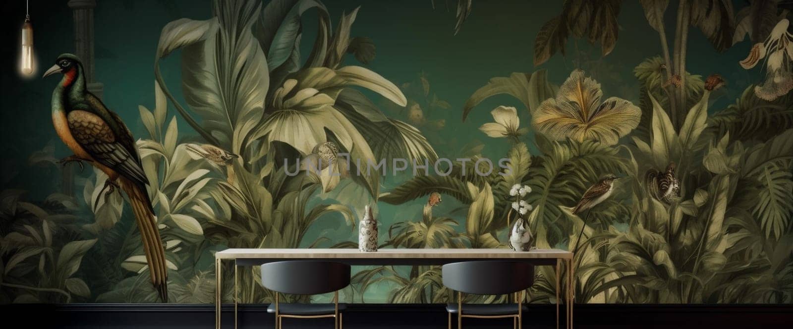 flower wallpaper leaf art bird exotic jungle palm nature tropical. Generative AI. by Vichizh
