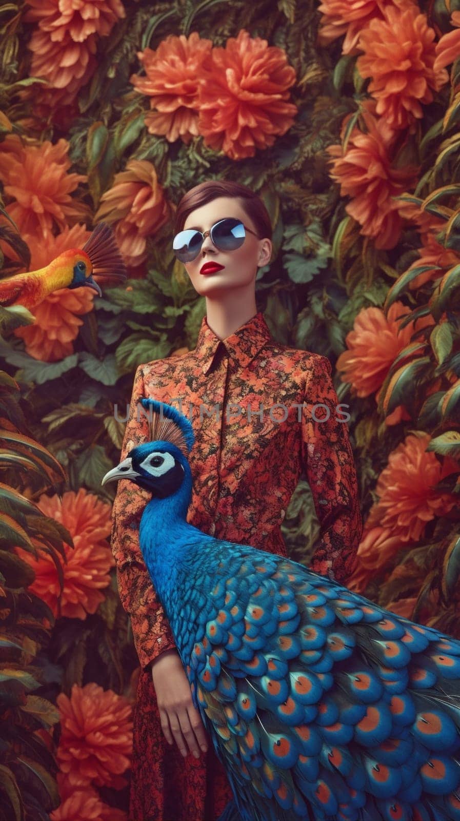 woman person young bird wing macaw peacock face nature beauty sexy colorful glamour black beautiful portrait african fashion jungle flower eye. Generative AI.
