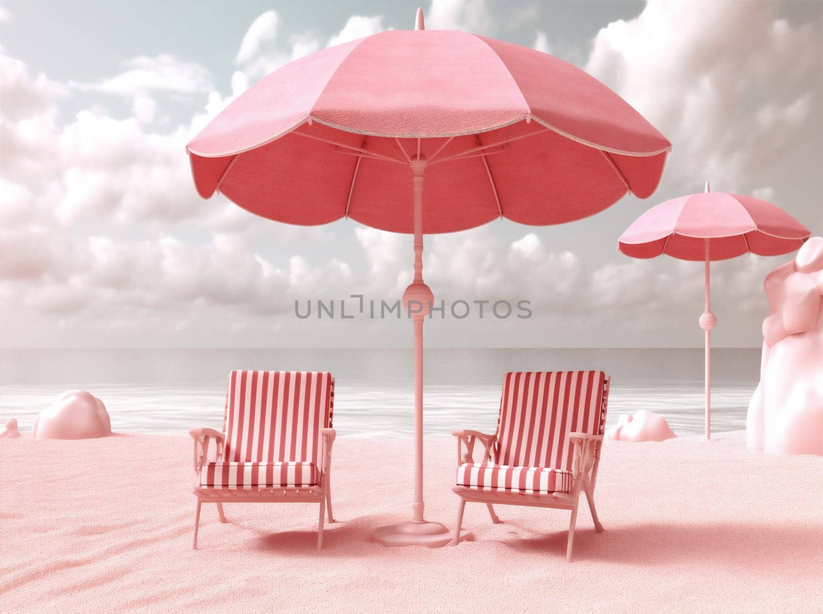 holiday summer retro sun umbrella vacation parasol pink sand chair. Generative AI. by Vichizh