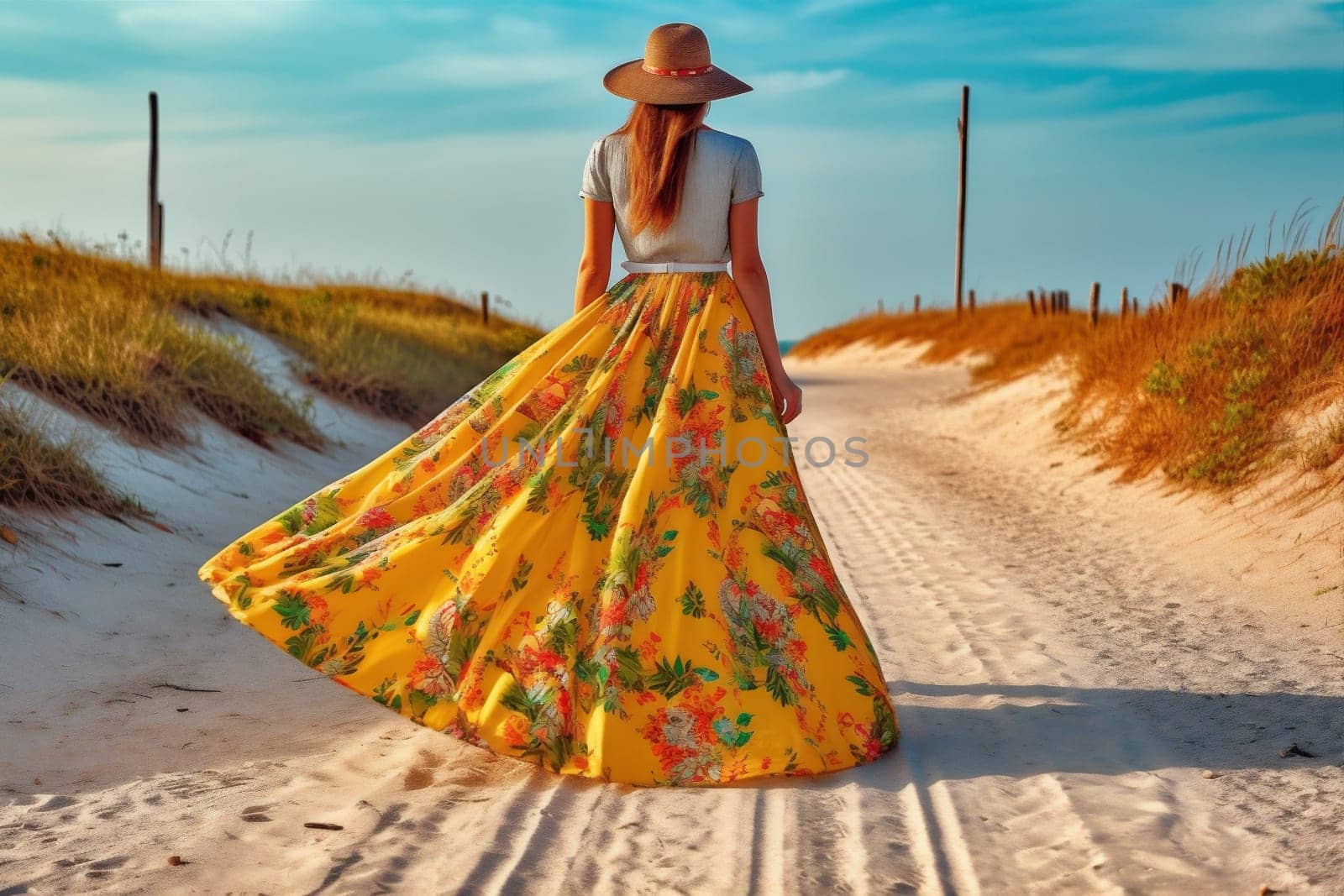 girl woman nature sea fashion holiday beautiful vogue hippie dress sunset attractive lifestyle gypsy travel person beach summer model young sky. Generative AI.