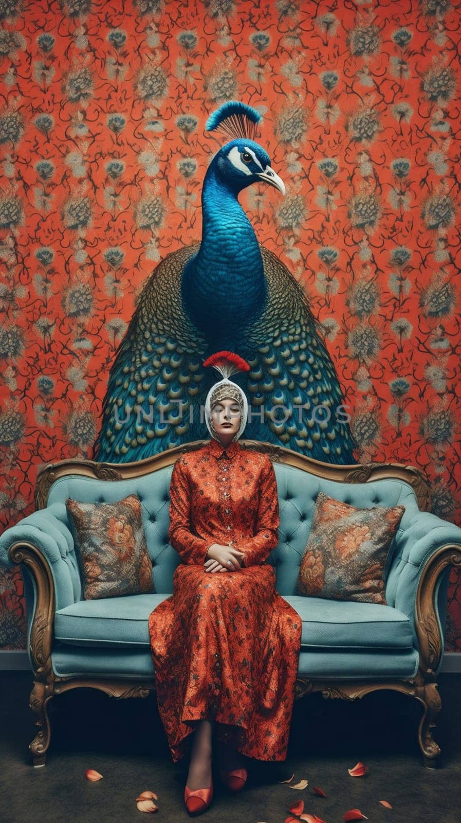fairy woman peacock jungle young beautiful face glamour beauty bird fashion. Generative AI. by Vichizh