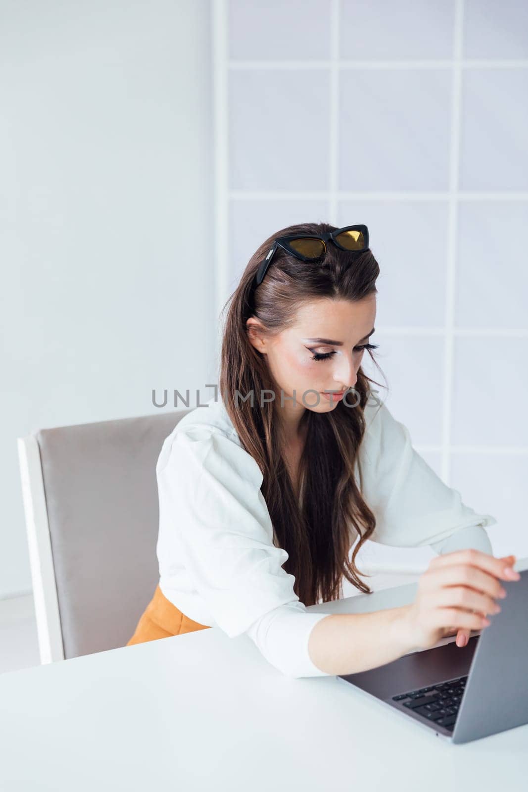 woman with laptop computer remote work internet conversation online communication communication by Simakov