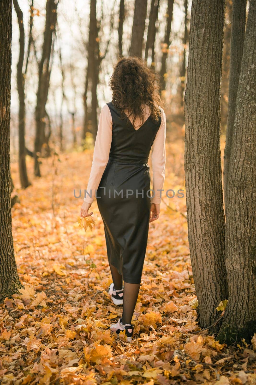 Back view of a girl walking on autumn park in fall season. Millennial generation and youth.