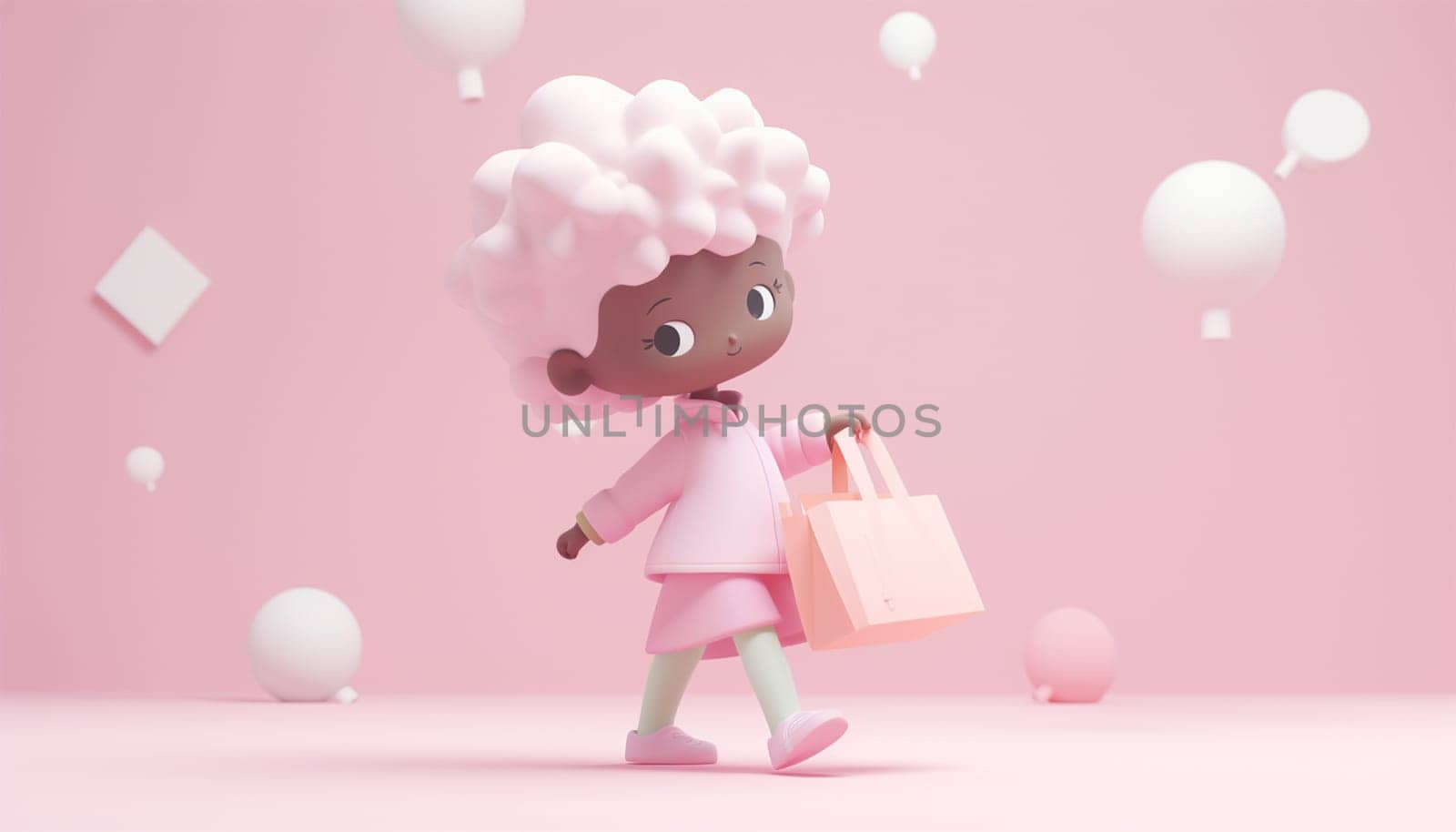 Afro american animation girl shopping. 3D pastel pink background. Portrait of positive cheerful afro american girl have fun on free time hold bags addicted shopper want shop all bargains wear style outfit pants trousers isolated over pastel pink color background copy space by Annebel146