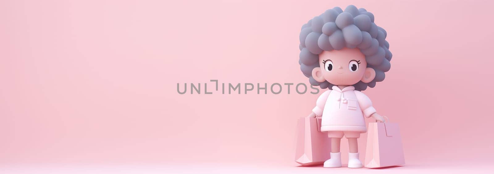 Afro american animation girl shopping. 3D pastel pink background. Portrait of positive cheerful afro american girl have fun on free time hold bags addicted shopper want shop all bargains wear style outfit pants trousers isolated over pastel pink color background copy space Space for text