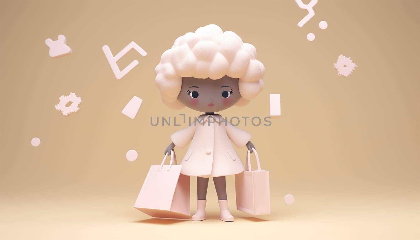 Afro american animation girl shopping. 3D pastel pink background. Portrait of positive cheerful afro american girl have fun on free time hold bags addicted shopper want shop all bargains wear style outfit pants trousers isolated over pastel pink color background copy space by Annebel146