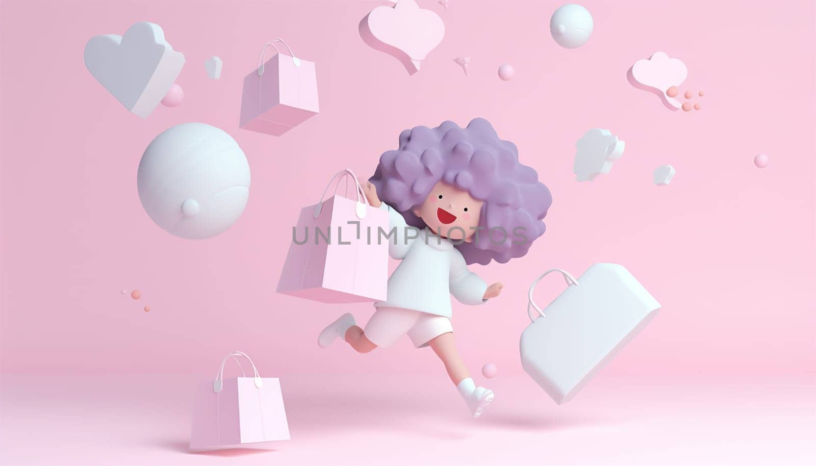 Afro american animation girl shopping. 3D pastel pink background. Portrait of positive cheerful afro american girl have fun on free time hold bags addicted shopper want shop all bargains wear style outfit pants trousers isolated over pastel pink color background copy space Space for text