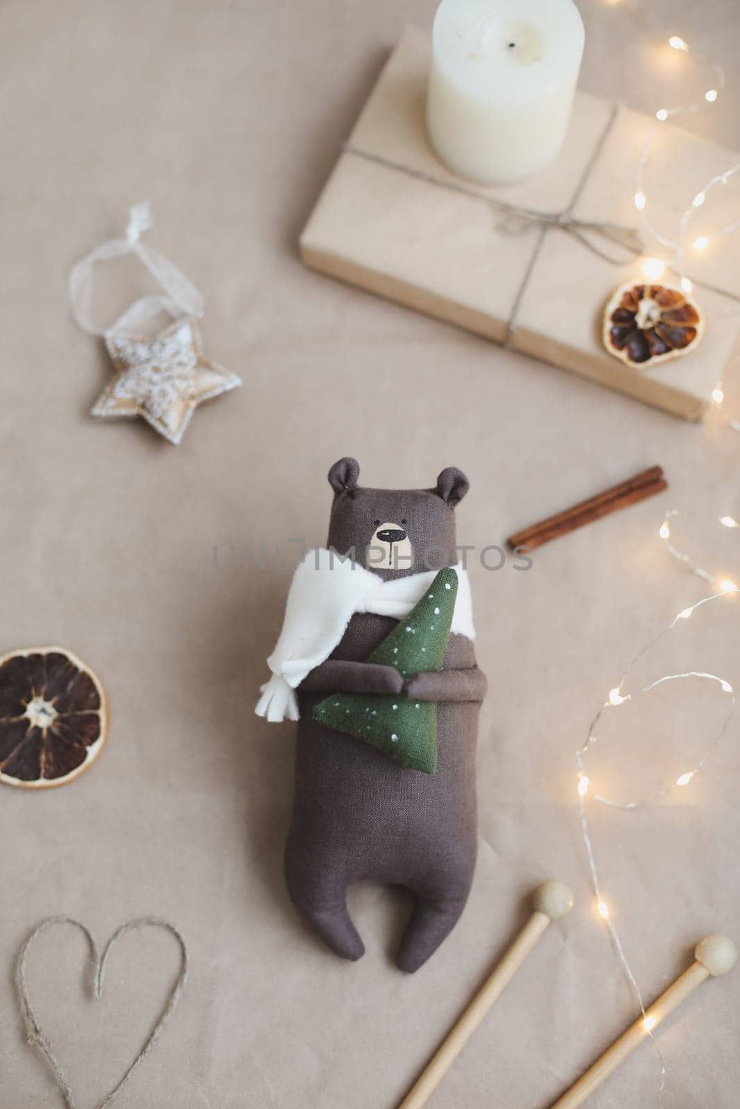 Christmas composition. Toy bear and decorations. Christmas, winter, new year concept. Flat lay, top view, copy space by paralisart