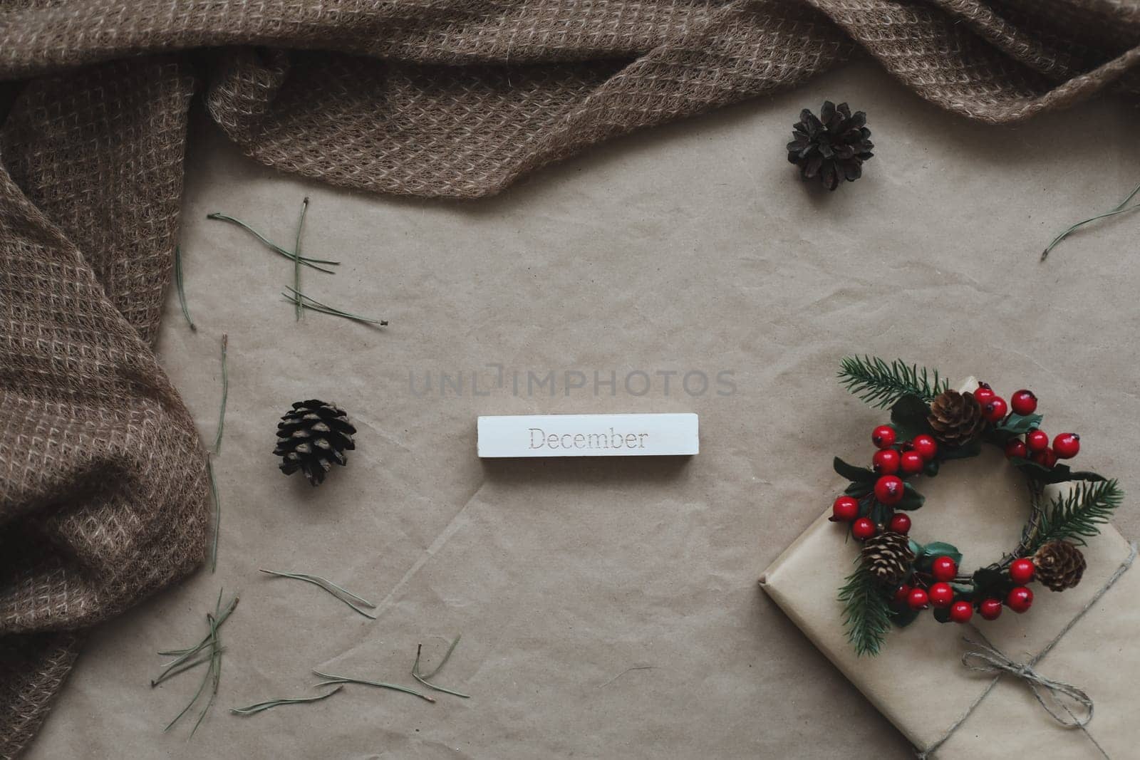 Christmas composition. Gifts, fir tree branches, red decorations