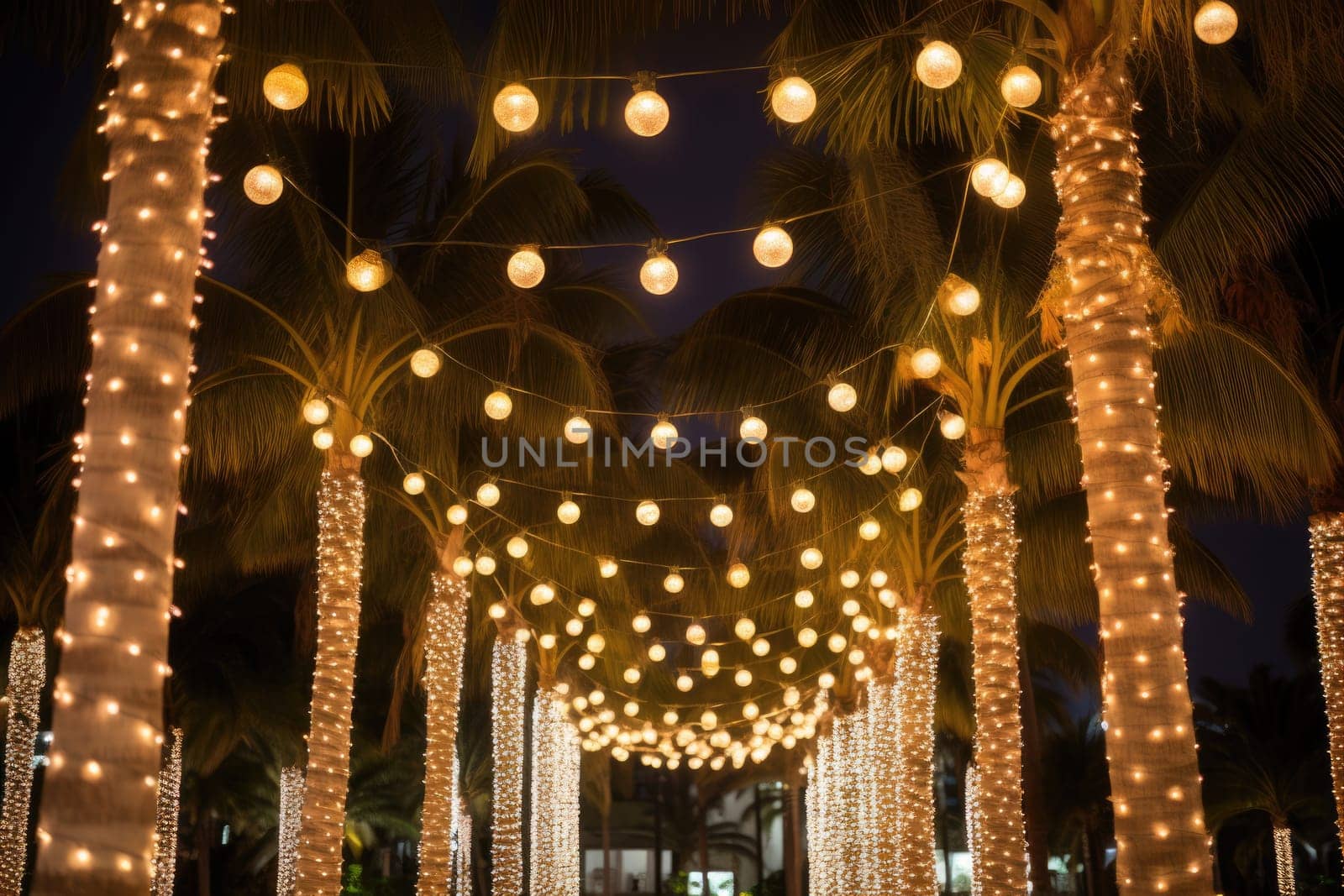 Celebrating christmas and new year in hot countries. Palm trees with christmas lights. AI Generated