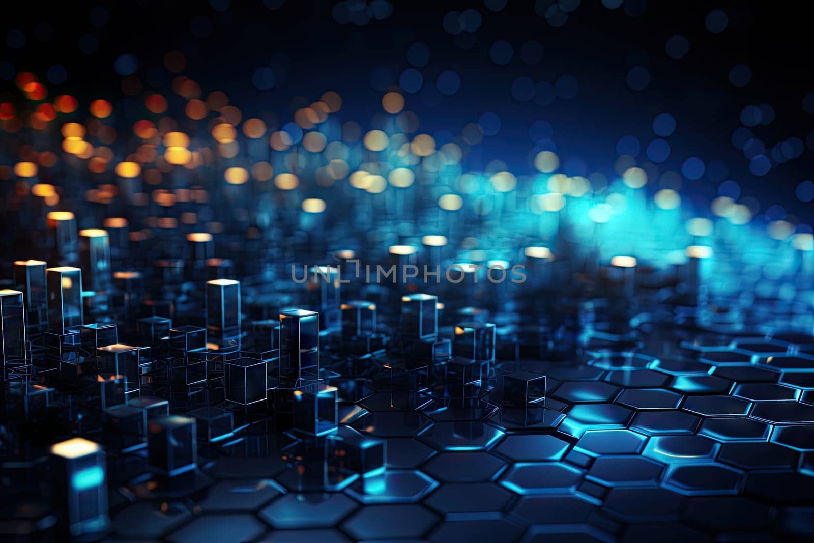 Futuristic blue hexagon background science illustration HUD components Technology concept. 3D landscape. Big data future abstract background. by wichayada