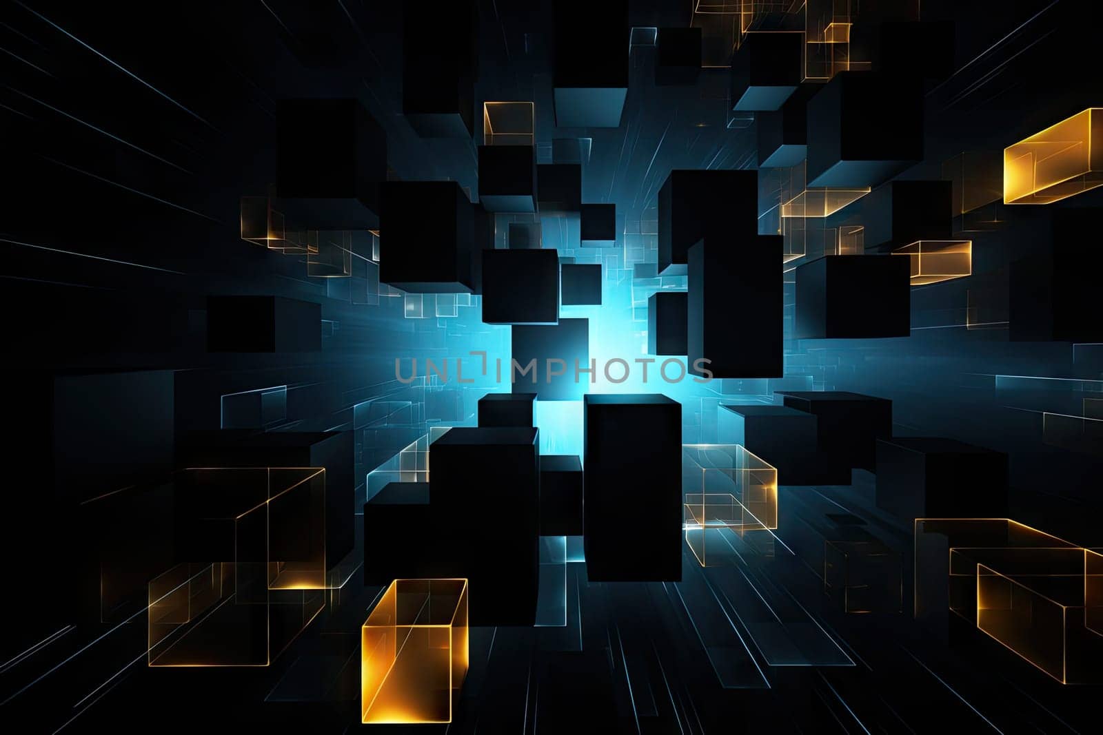 an abstract image of a glowing cubes and squares on a black background with a blue and yellow glow coming out of the center of the cubes. by wichayada