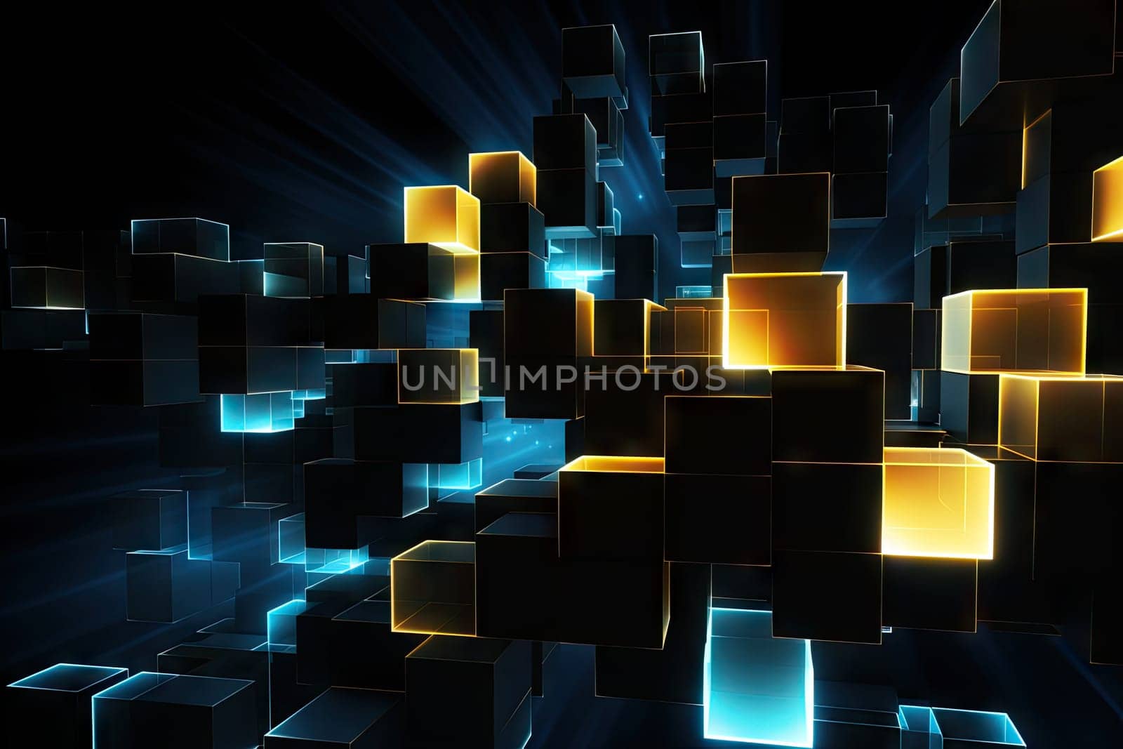 an abstract image of a glowing cubes and squares on a black background with a blue and yellow glow coming out of the center of the cubes..