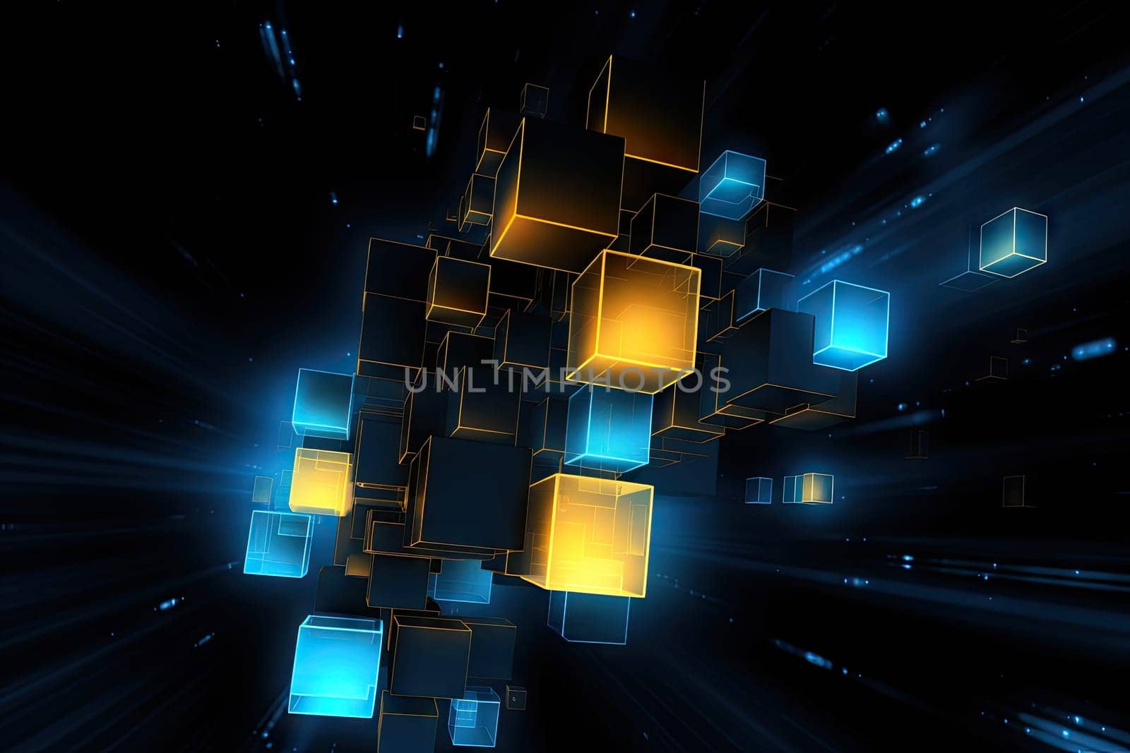 an abstract image of a glowing cubes and squares on a black background with a blue and yellow glow coming out of the center of the cubes. by wichayada