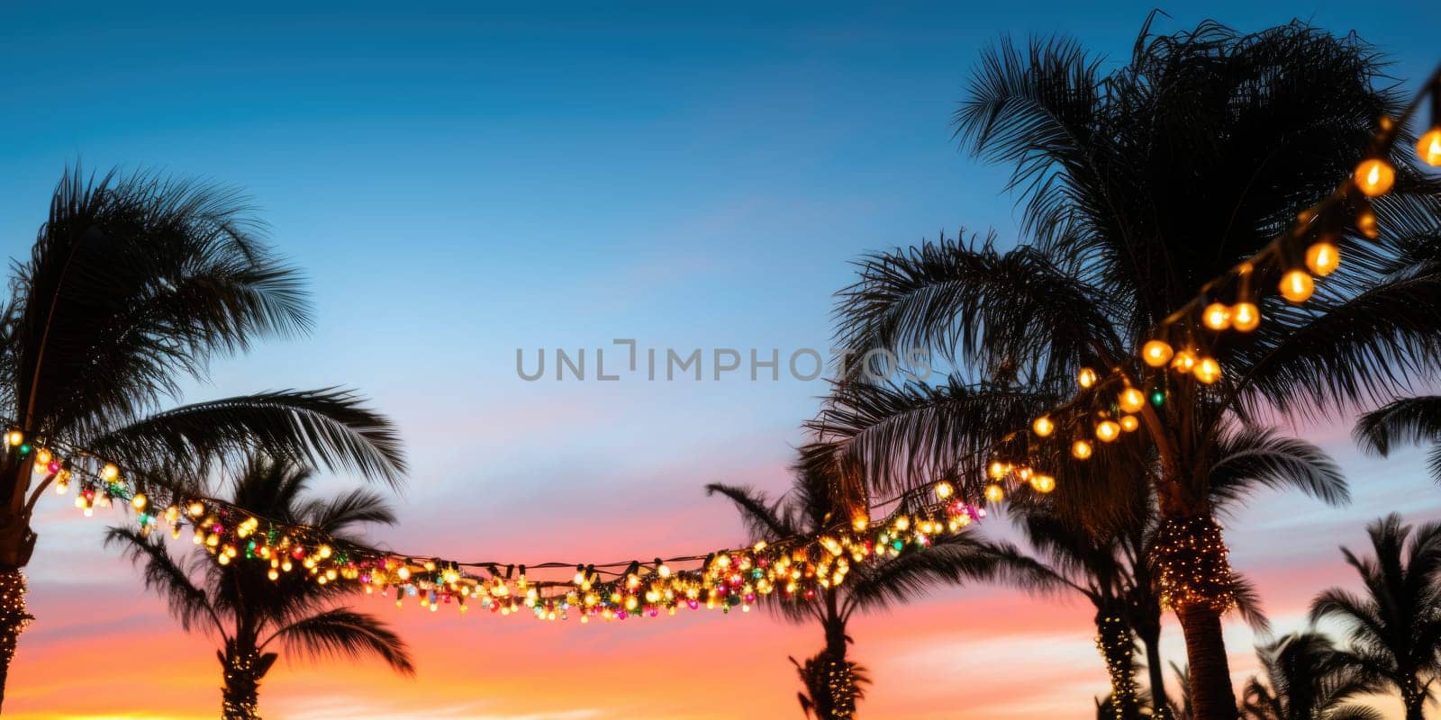 Celebrating christmas and new year in hot countries. Palm trees with christmas lights and decorations. AI Generated