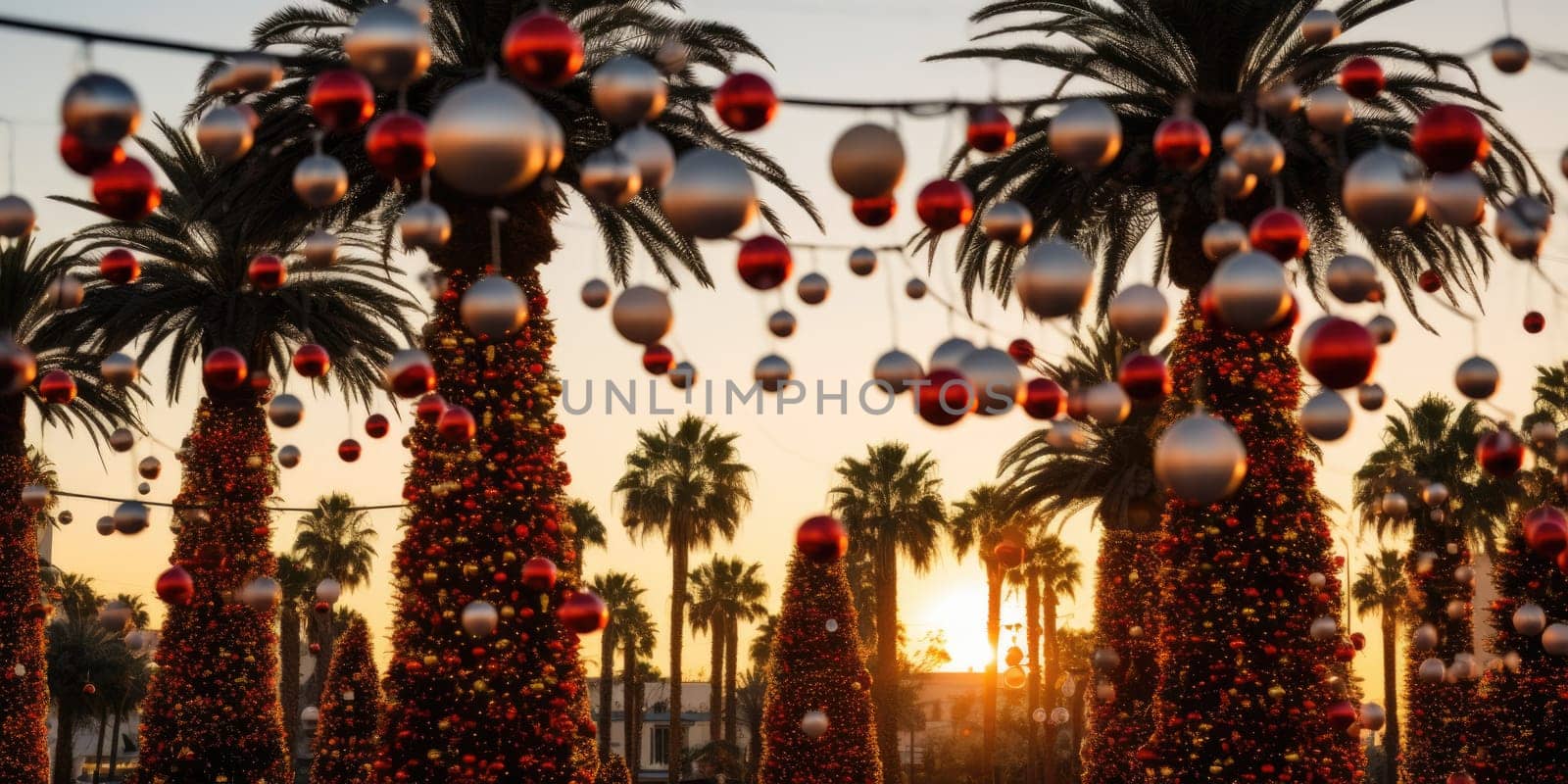 Celebrating christmas and new year in hot countries. Palm trees with christmas lights and decorations. AI Generated