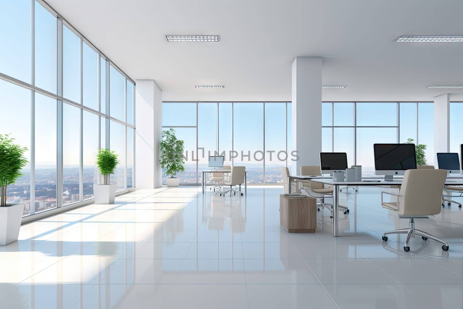 Bright and clean office environment abstract background Bright office with plants and large windows. by Generated AI by wichayada