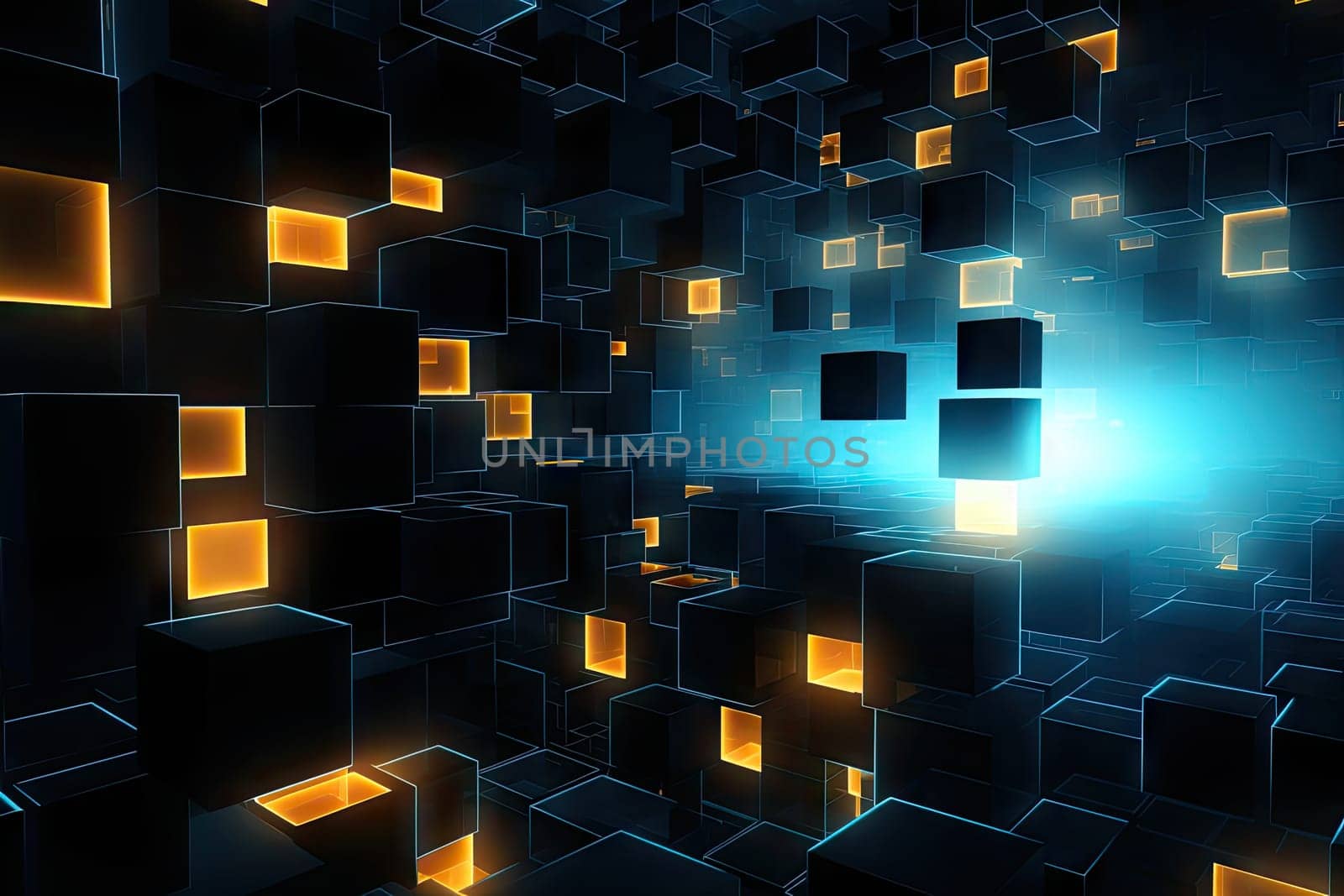 an abstract image of a glowing cubes and squares on a black background with a blue and yellow glow coming out of the center of the cubes. by wichayada