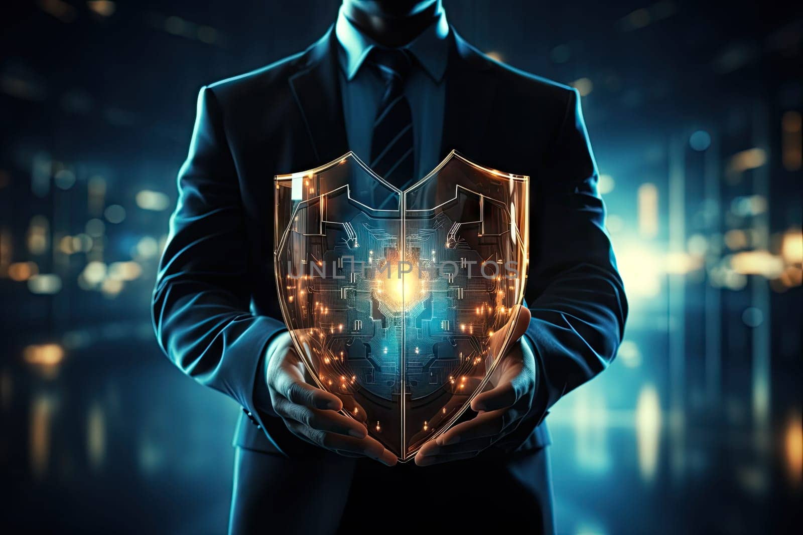 Cyber security safe data protection business technology privacy concept. Businessman holding shield protect security icon security on the virtual display.Information security system by wichayada