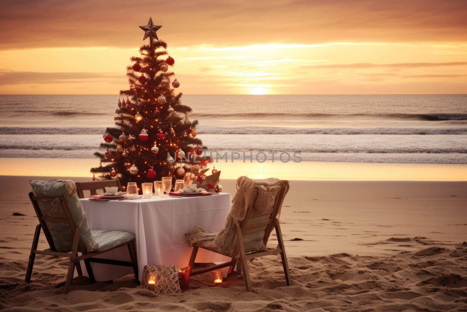 Celebrating christmas and new year in hot countries. Outdoor cafe of luxury tropical resort decorated for Christmas celebration. AI Generated