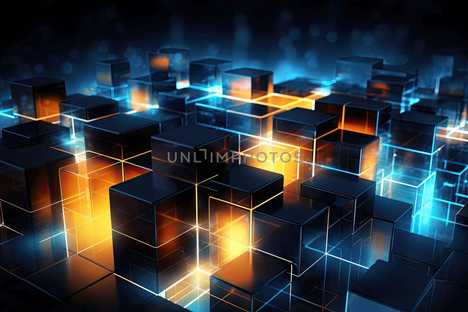 an abstract image of a glowing cubes and squares on a black background with a blue and yellow glow coming out of the center of the cubes. by wichayada