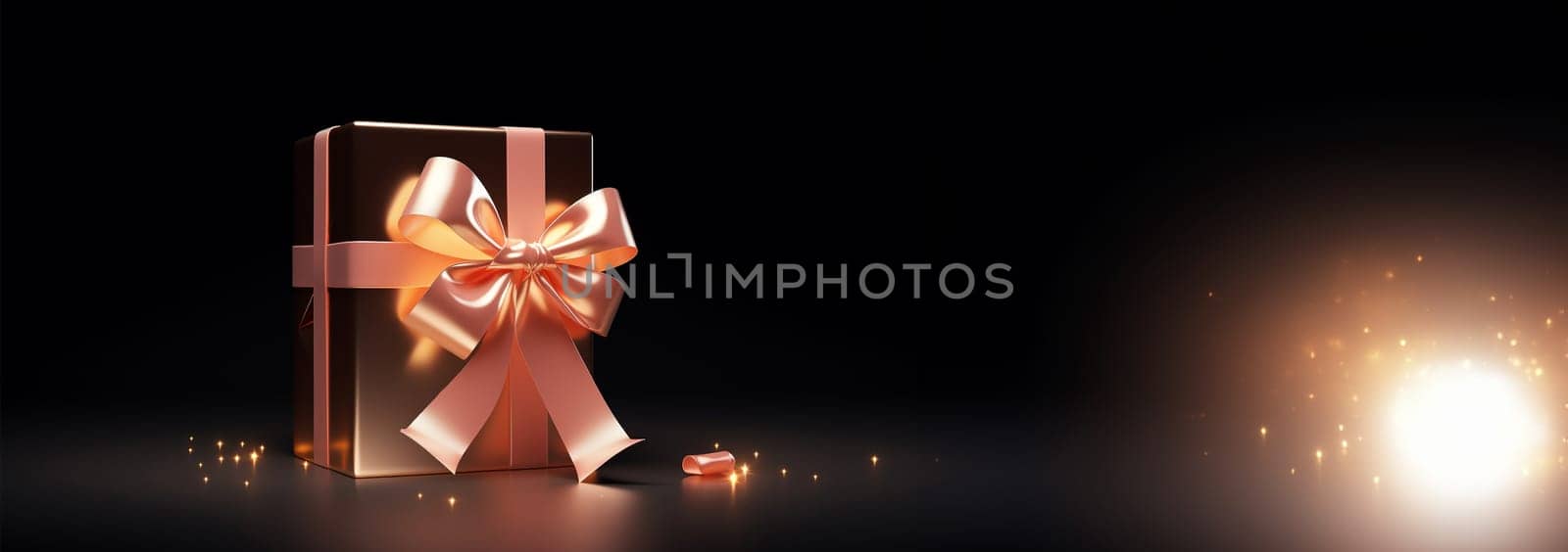 Glowing Gift box with shining light gold and black background illustration. Copy space. Sparkling festive present with Bow and ribbon Space for text