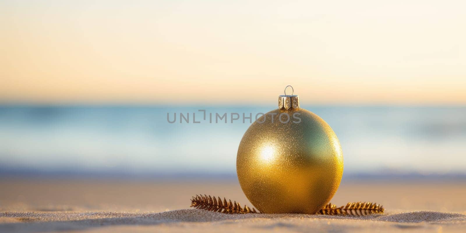 golden fir tree decoration ball on sandy beach, Tropical christmas and New Year celebration. AI Generated