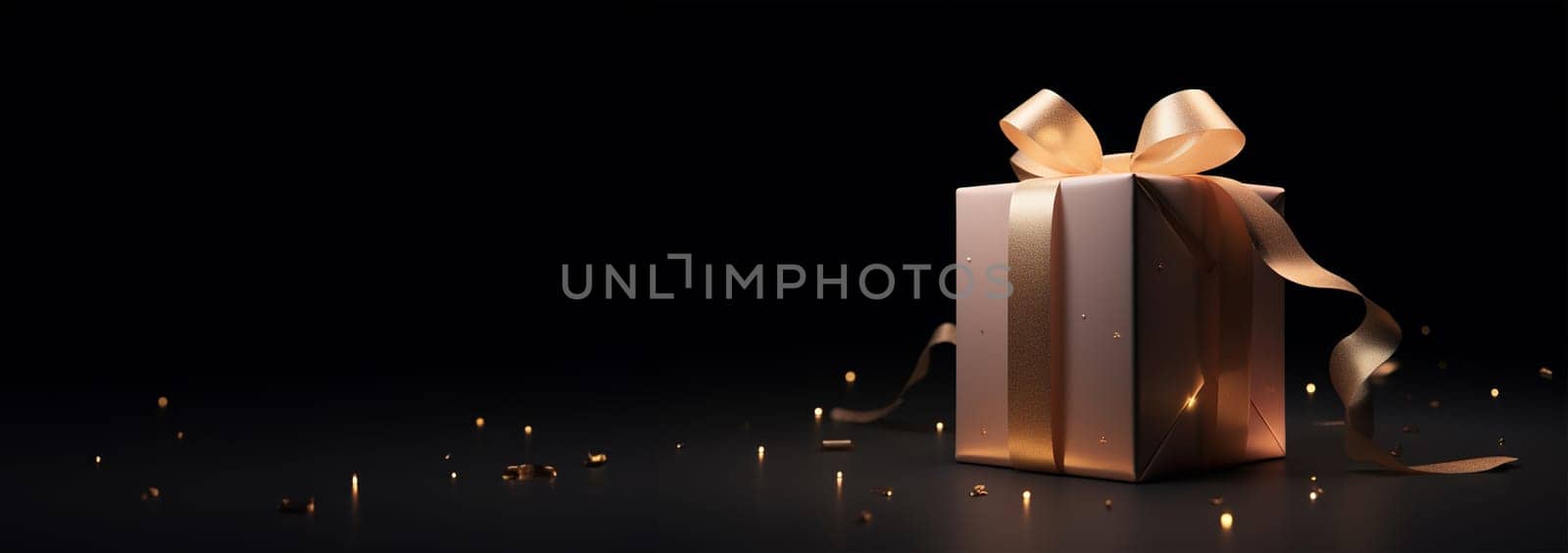 Glowing Gift box with shining light gold and black background illustration. Copy space. Sparkling festive present with Bow and ribbon Space for text