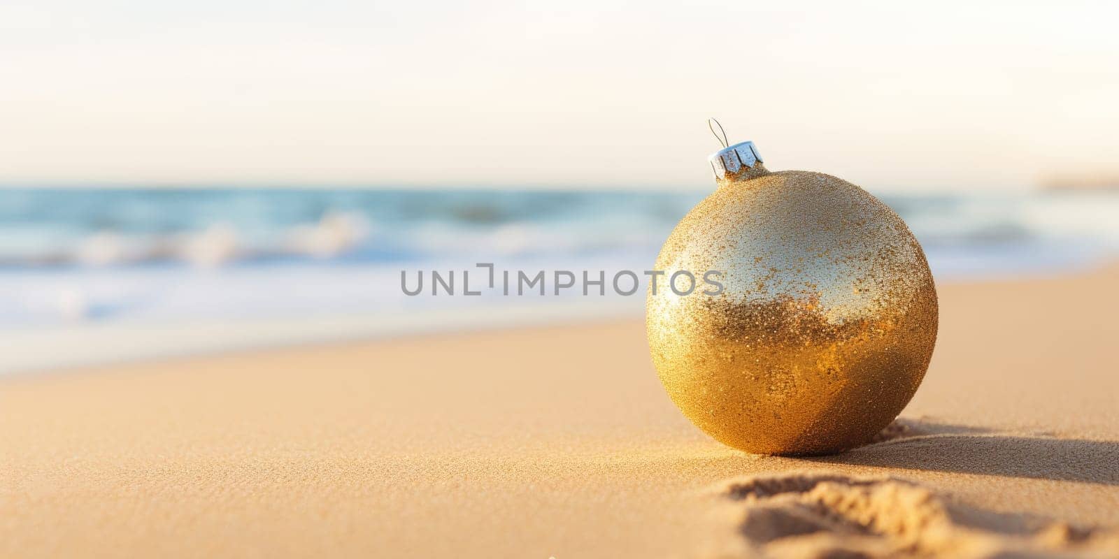 yellow fir tree decoration ball on sandy beach, AI Generated by Desperada