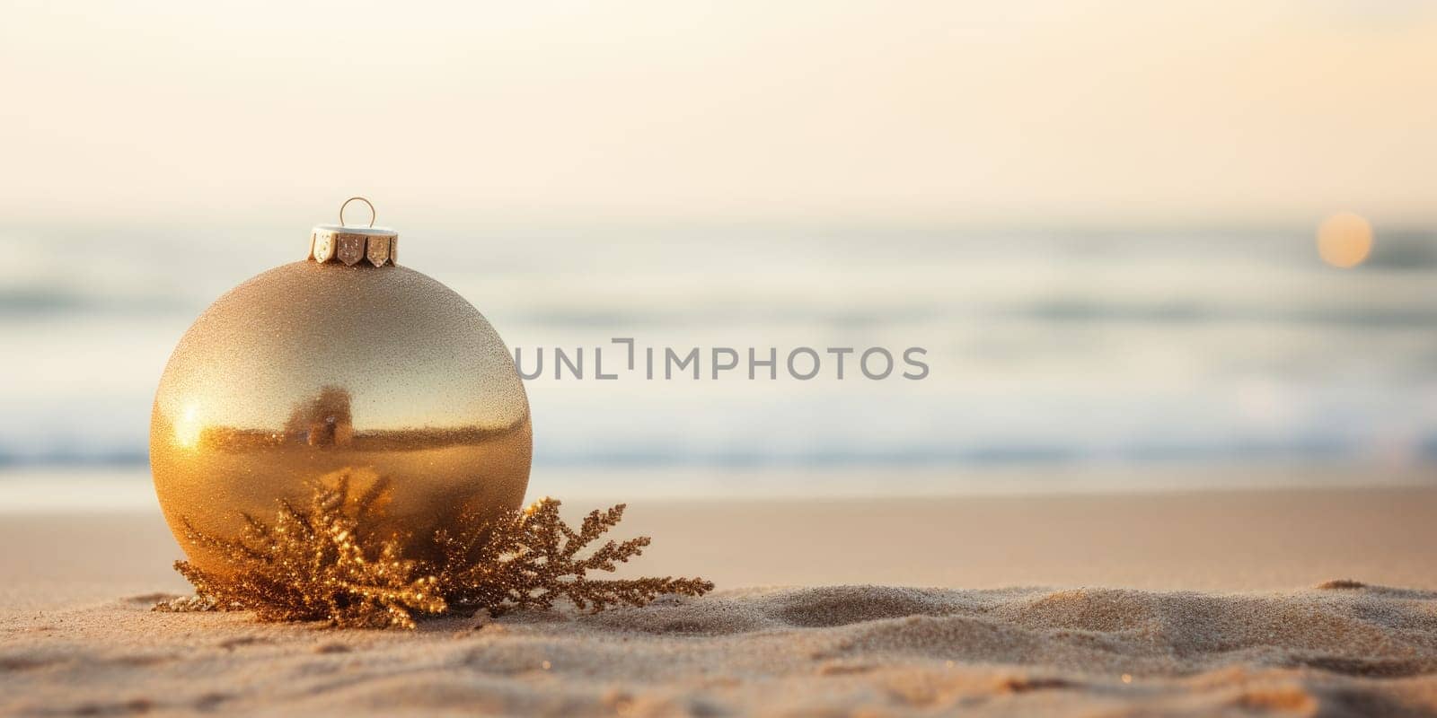 yellow fir tree decoration ball on sandy beach, AI Generated by Desperada