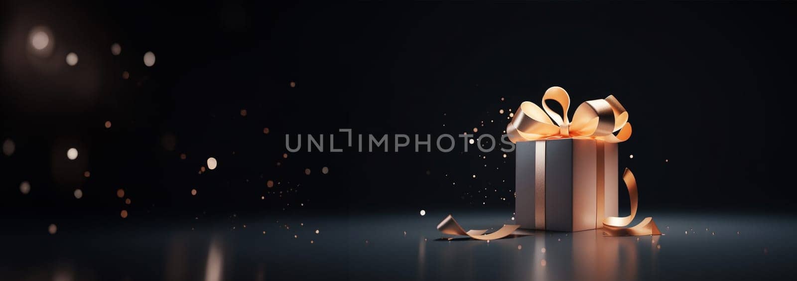 Glowing Gift box with shining light gold and black background illustration. Copy space. Sparkling festive present with Bow and ribbon Space for text