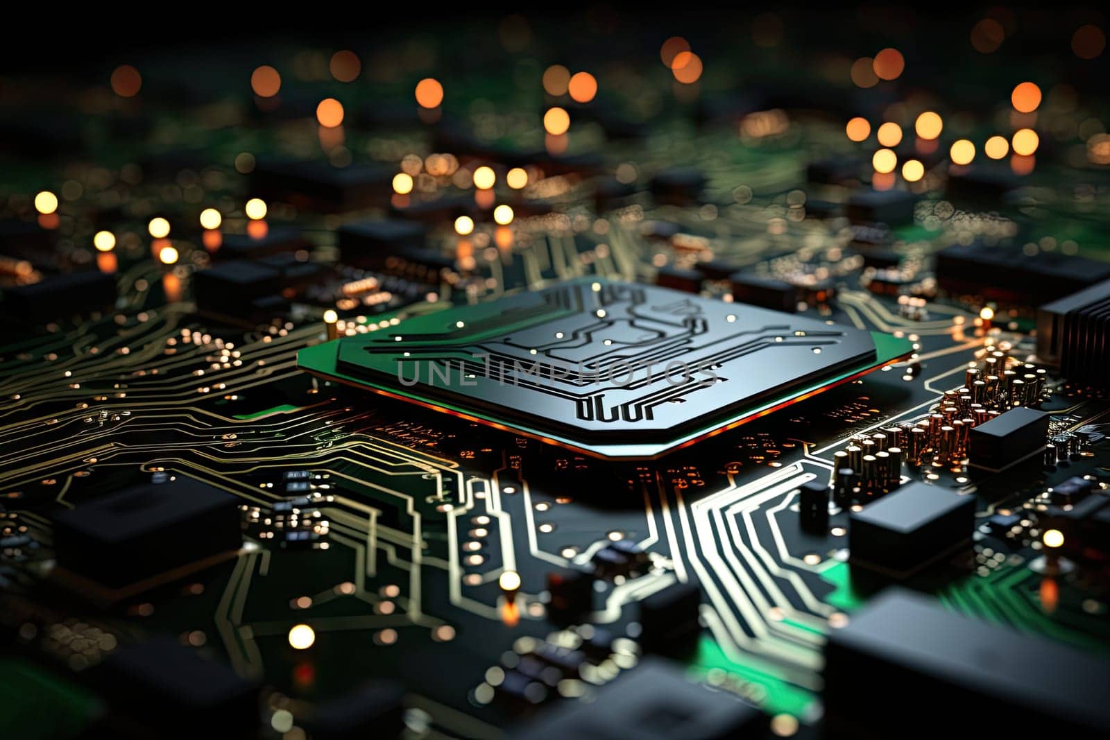 Computer technology image with circuit board background, ideal for various topics related to computers and AI by generated AI by wichayada