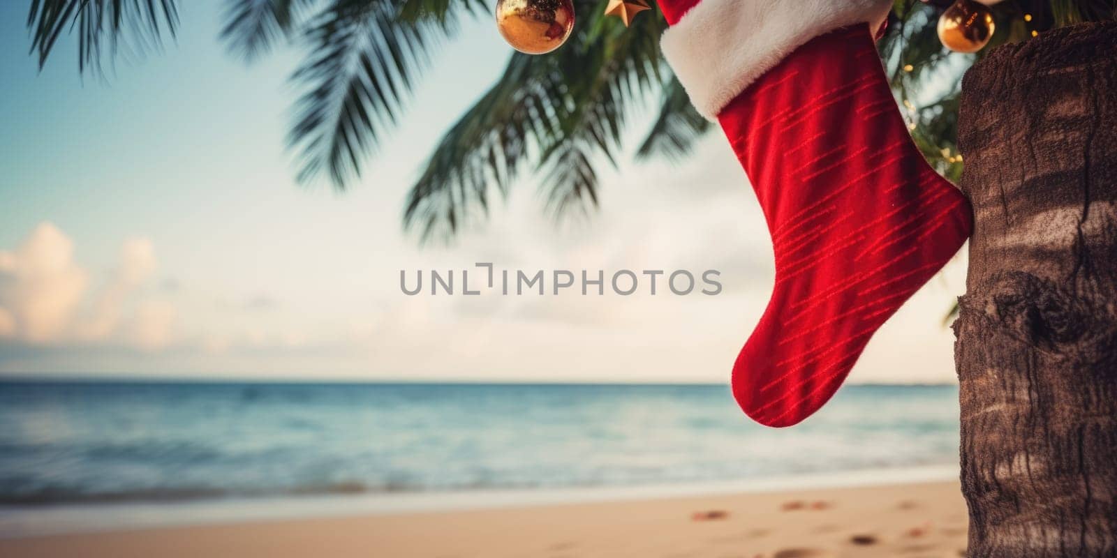 Christmas stocking hanging on coconut palm tree at tropical exotic beach. New Year celebration card, nobody. AI Generated