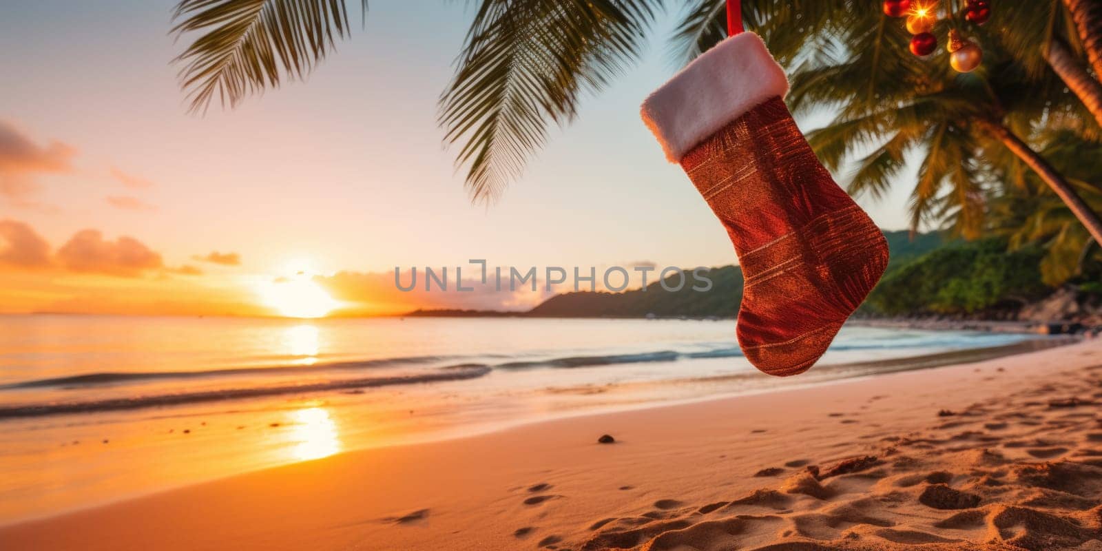 Christmas stocking hanging on coconut palm tree at tropical exotic beach. AI Generated by Desperada