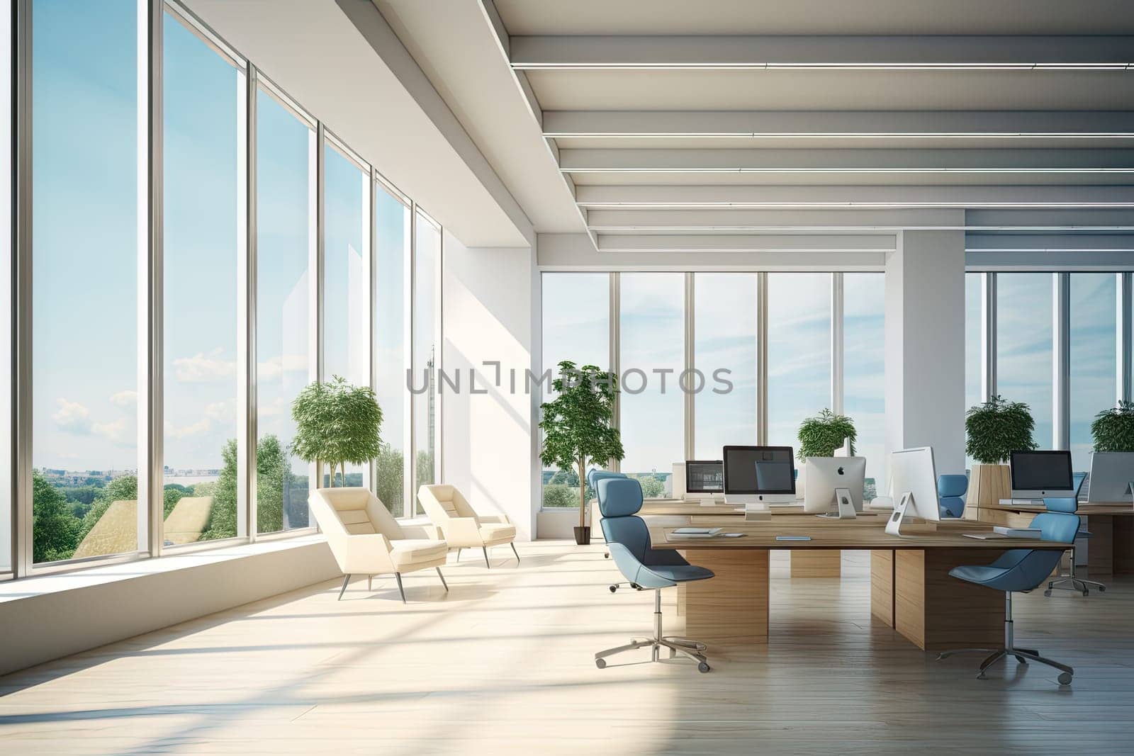 Bright and clean office environment abstract background Bright office with plants and large windows. by Generated AI by wichayada