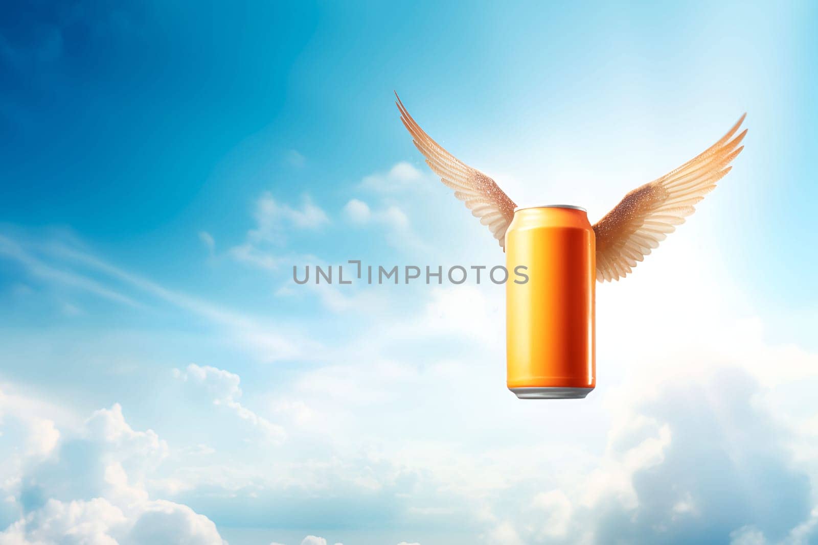 yellow can of beer with wings in the sky. light beer by Ramanouskaya