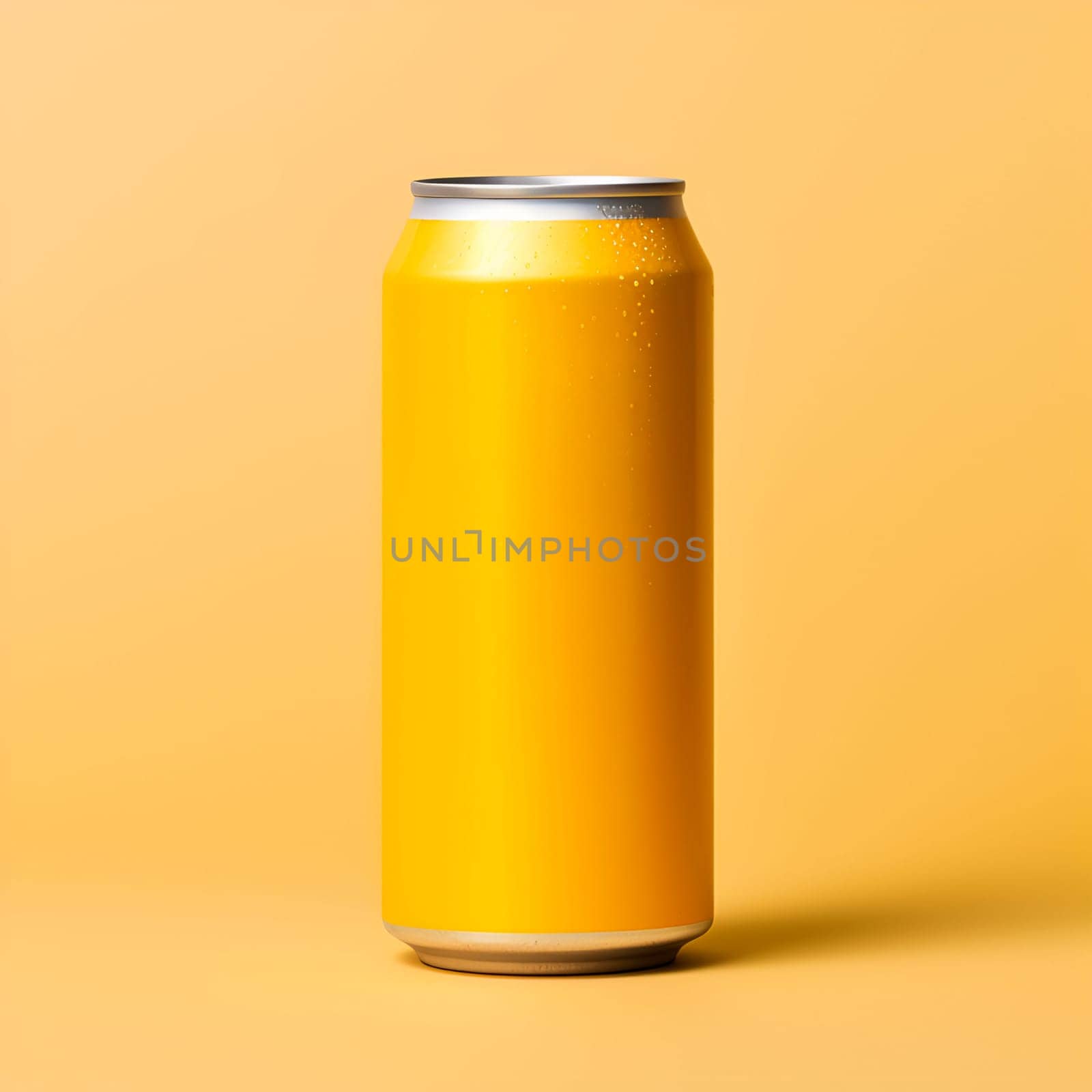 Yellow aluminum cans isolated on yellow background. Mockup for soda water, soft drinks concept, beer. by Ramanouskaya
