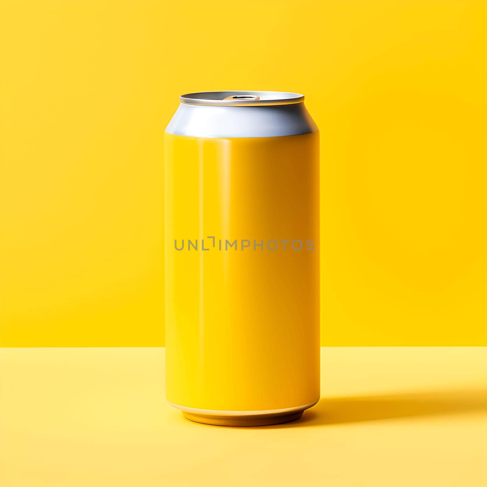 Yellow aluminum cans isolated on yellow background. Mockup for soda water, soft drinks concept, beer. by Ramanouskaya