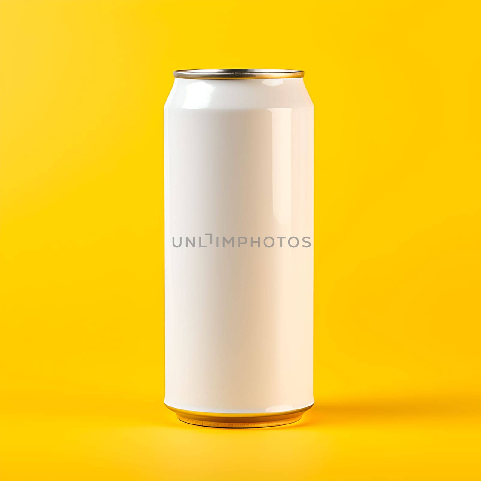 white aluminum cans isolated on yellow background. Mockup for soda water, soft drinks concept, beer. by Ramanouskaya