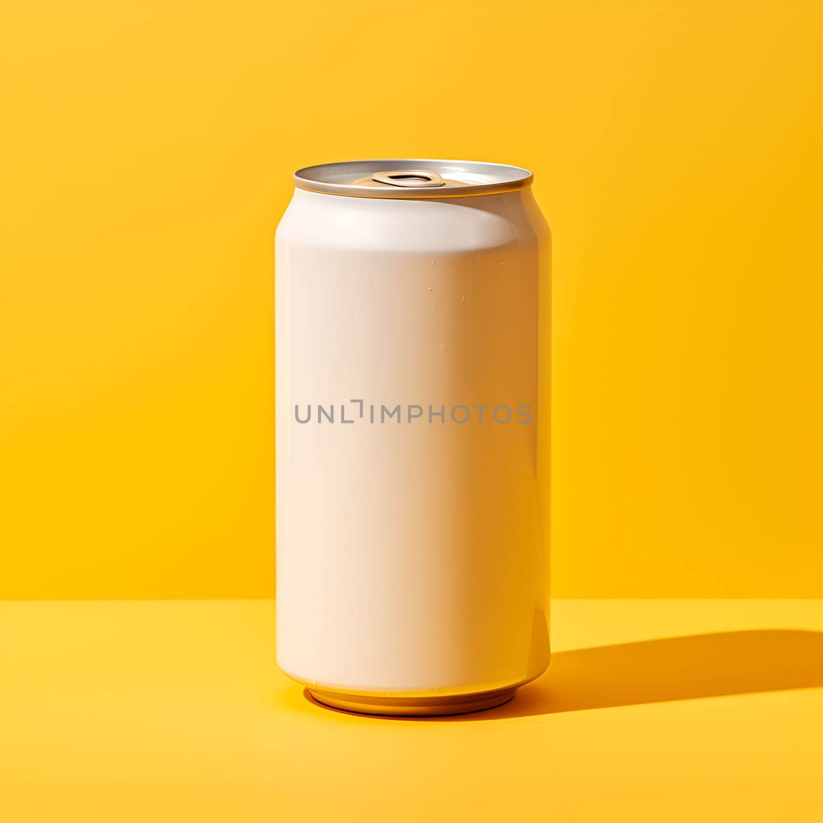 white aluminum cans isolated on yellow background. Mockup for soda water, soft drinks concept, beer. by Ramanouskaya