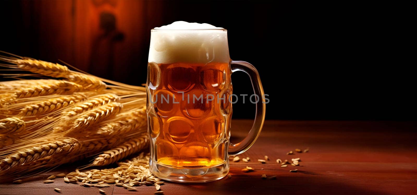 Beer in a jug with wheat and malt on a wooden table. Oktouberfest beer making festival. copy paste your design