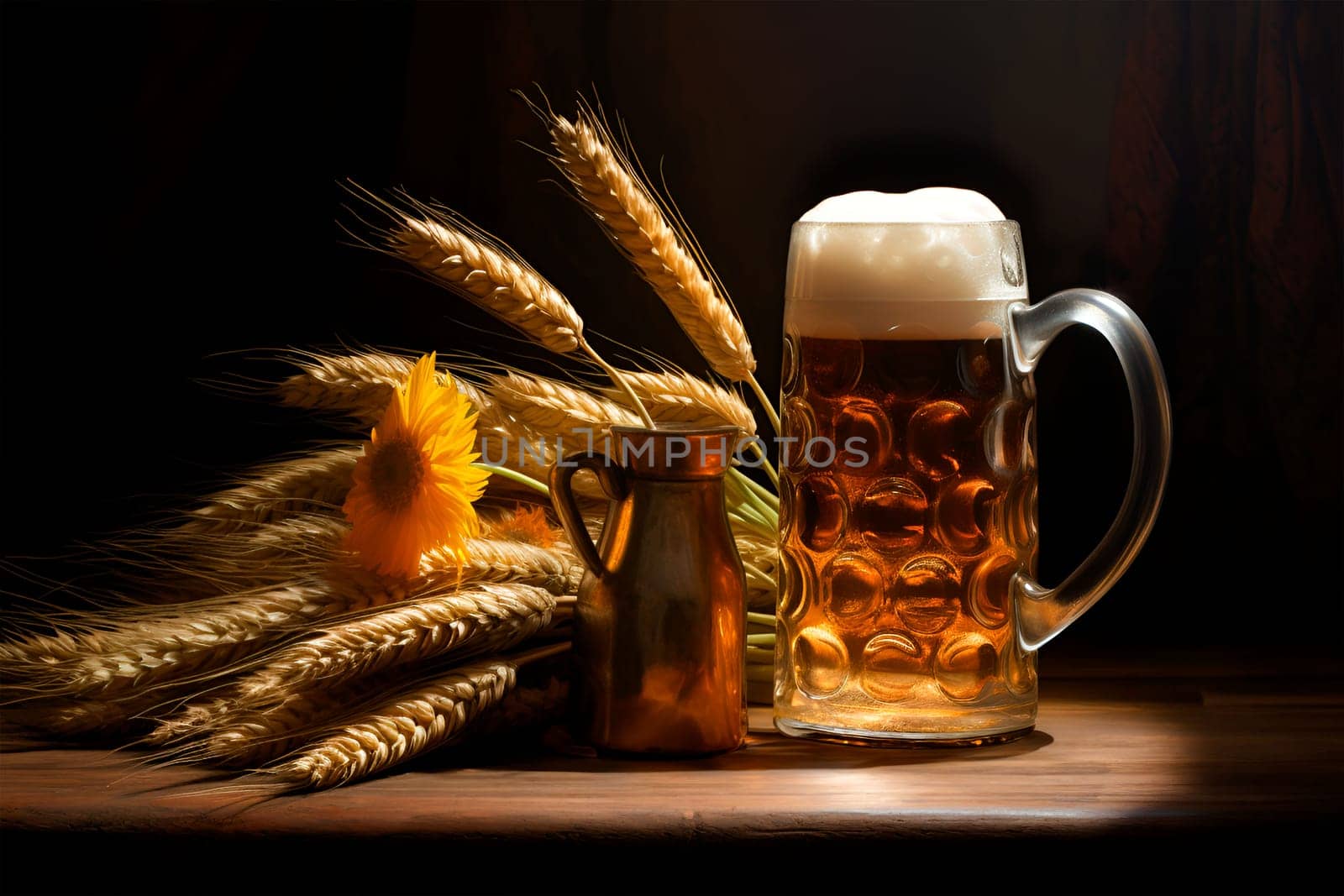 Beer in a jug with wheat and malt on a wooden table. Oktouberfest beer making festival. copy paste your design
