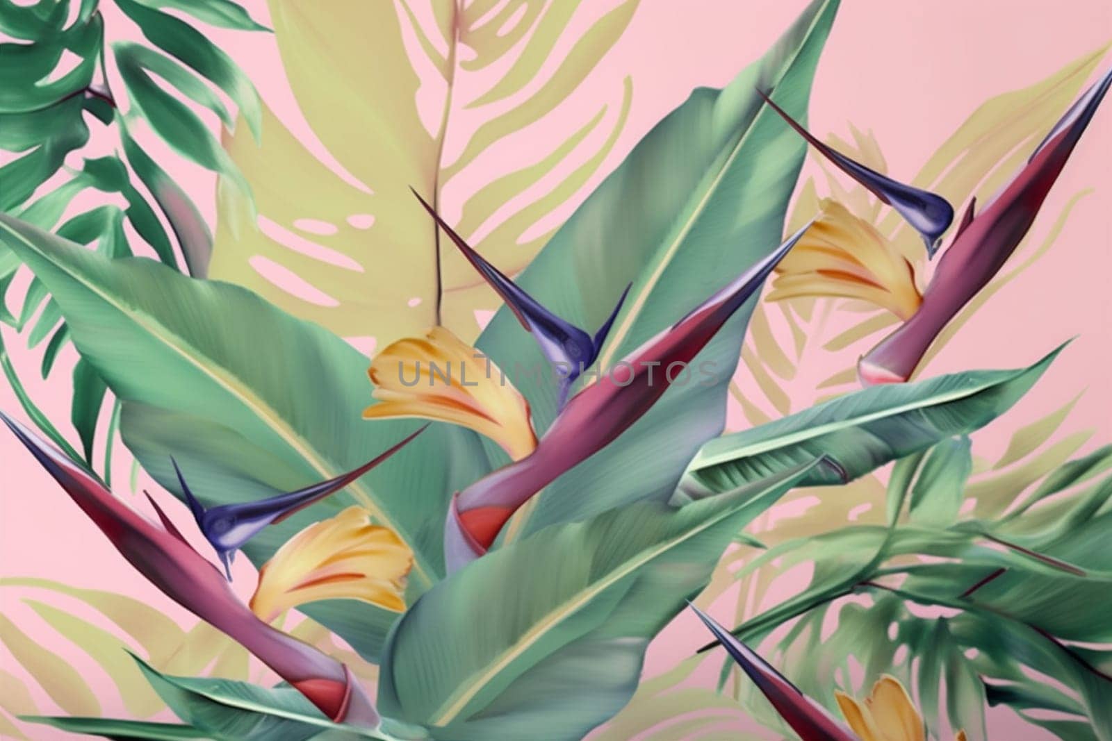 colorful flower seamless pink orange tropical trendy pattern jungle leaf. Generative AI. by Vichizh