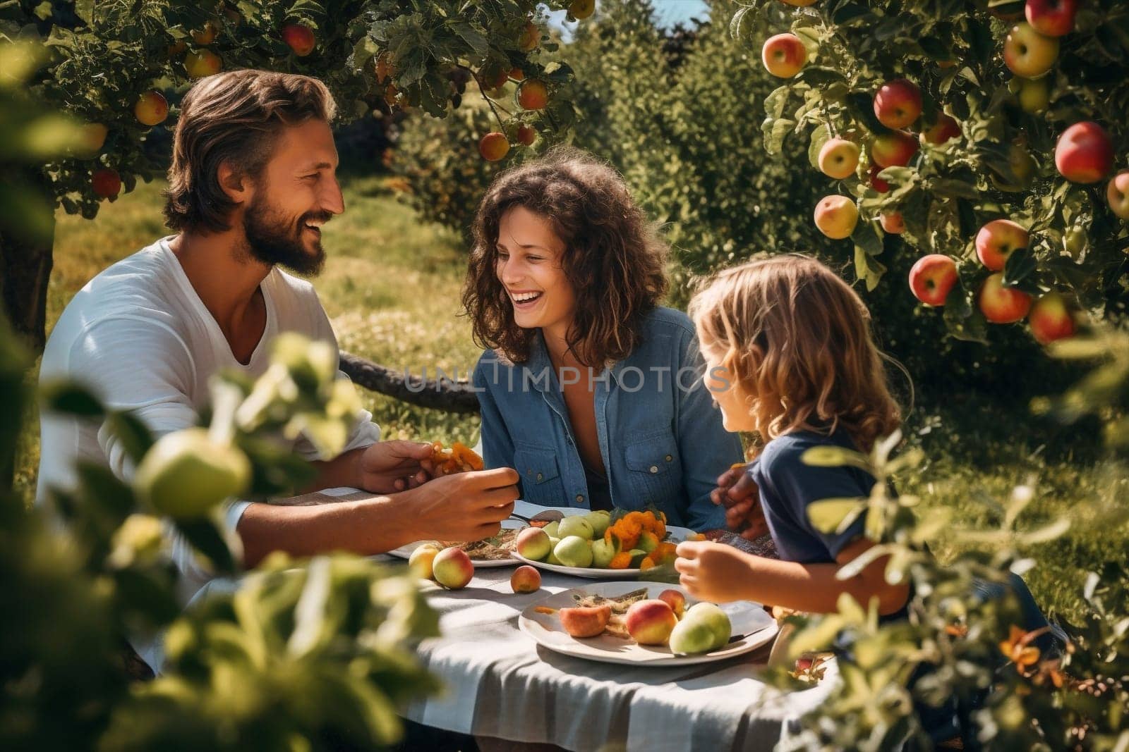 Man father happy farm apple food lunch together family mother happiness garden by Vichizh