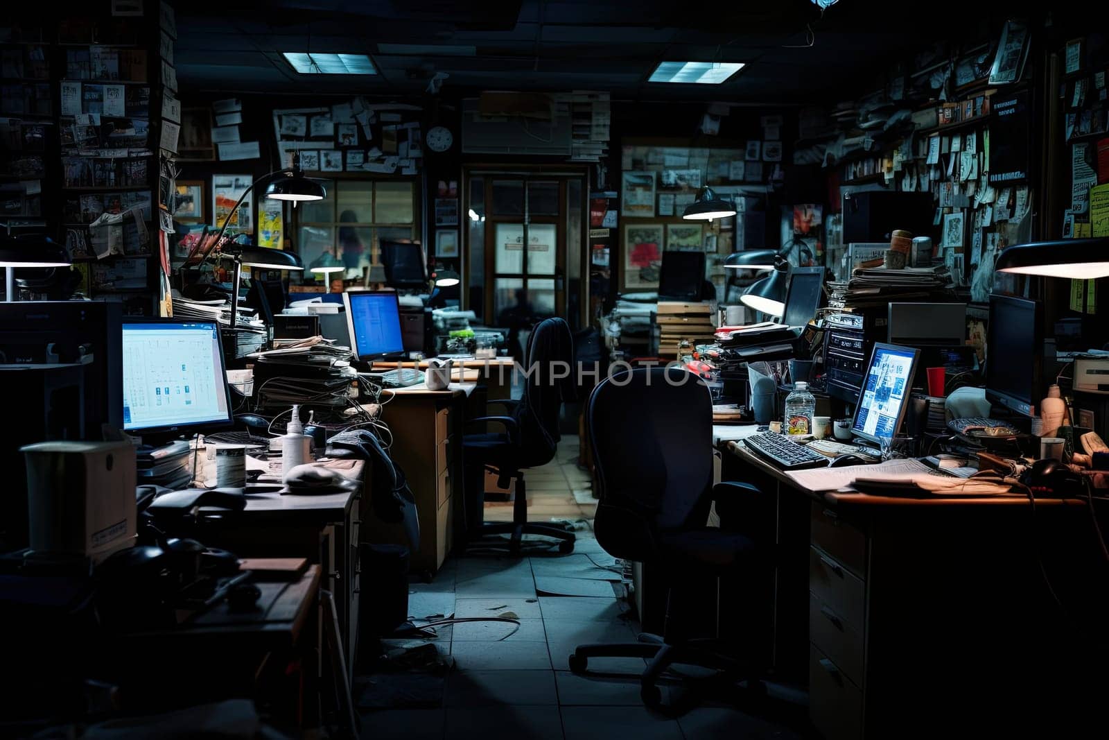 Picture of a dim workplace Filled with many documents Office after employees get off work by Generated AI.