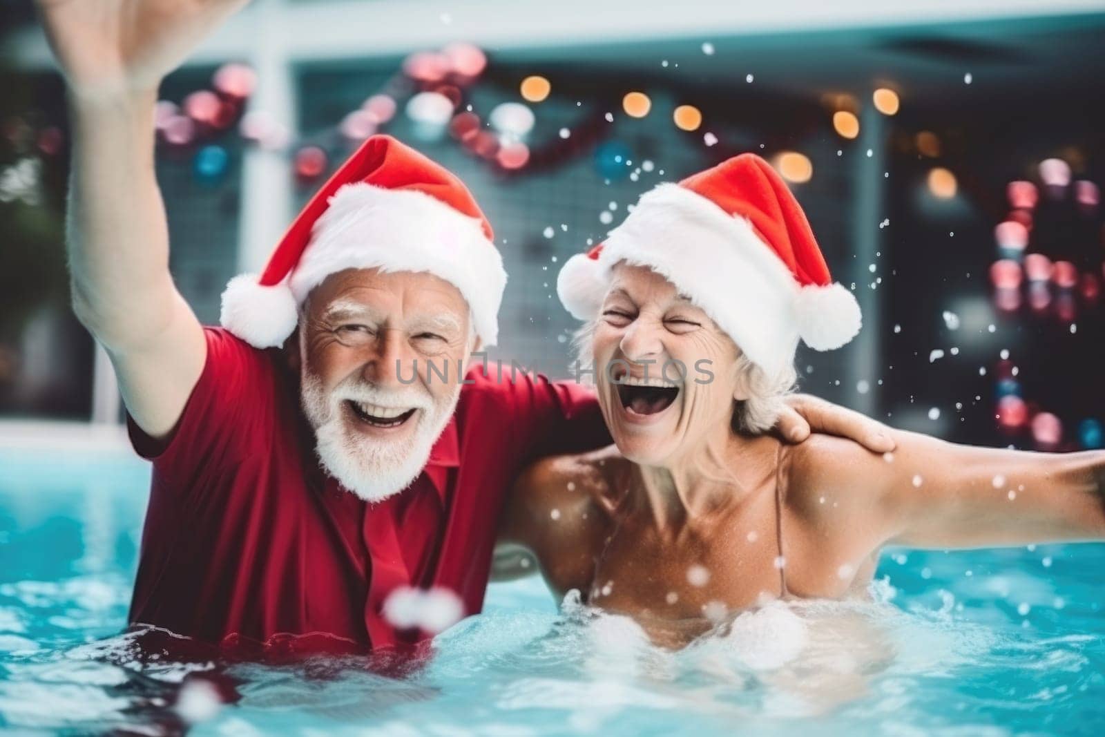 Celebrating christmas and new year in hot countries. portrait of a happy couple in santa hat celebrating christmas in pool party. AI Generated