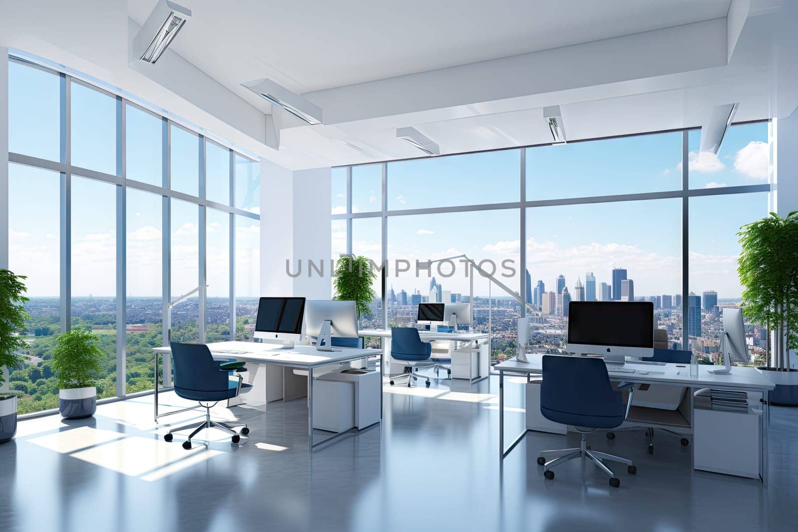 Bright and clean office environment abstract background Bright office with plants and large windows. by Generated AI.