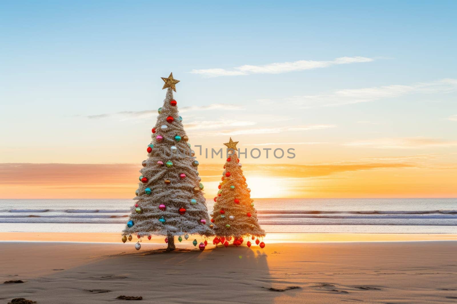 Celebrating christmas and new year in hot countries. Christmas tree with lights on the beach at sunset. AI Generated